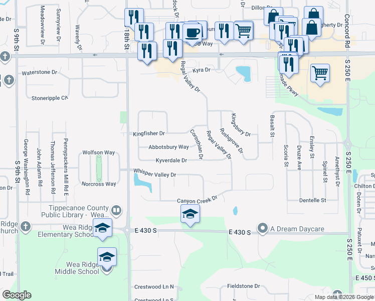 map of restaurants, bars, coffee shops, grocery stores, and more near 1922 Kyverdale Drive in Lafayette