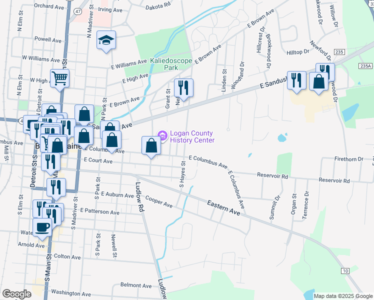 map of restaurants, bars, coffee shops, grocery stores, and more near 601 East Columbus Avenue in Bellefontaine