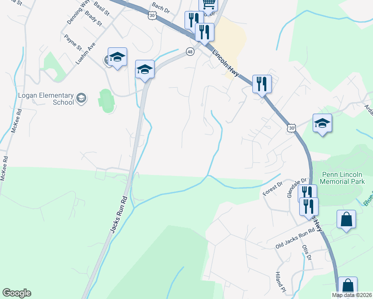 map of restaurants, bars, coffee shops, grocery stores, and more near 1141 Preston Dr in North Versailles