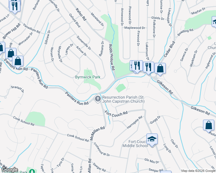 map of restaurants, bars, coffee shops, grocery stores, and more near 1612 Painters Run Road in Pittsburgh