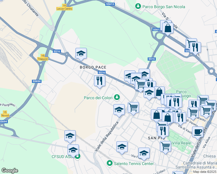 map of restaurants, bars, coffee shops, grocery stores, and more near 25 Via Enzo Estrafallaces in Lecce