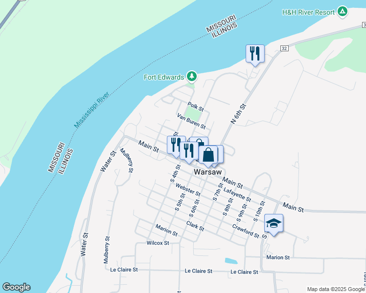 map of restaurants, bars, coffee shops, grocery stores, and more near 301-399 Clay Street in Warsaw