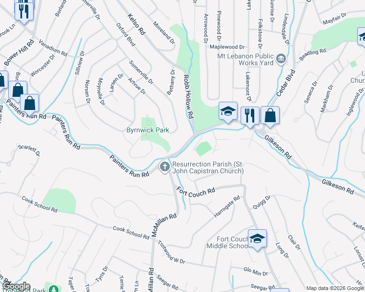 map of restaurants, bars, coffee shops, grocery stores, and more near 1612 Painters Run Road in Pittsburgh