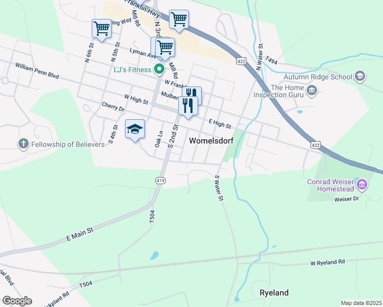 map of restaurants, bars, coffee shops, grocery stores, and more near 120 South Front Street in Womelsdorf