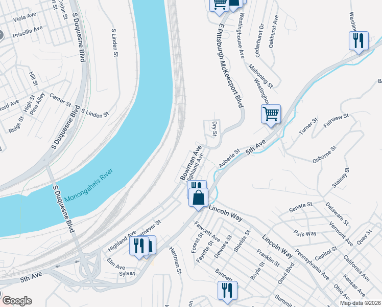 map of restaurants, bars, coffee shops, grocery stores, and more near 215 Parkway in McKeesport