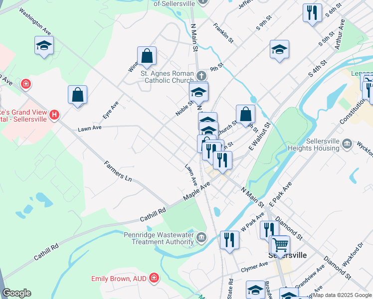 map of restaurants, bars, coffee shops, grocery stores, and more near 121 West Church Street in Sellersville
