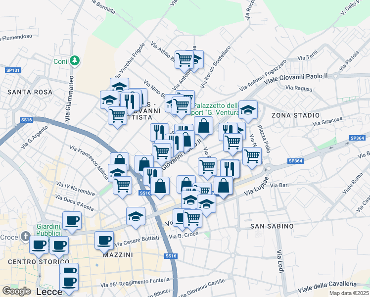 map of restaurants, bars, coffee shops, grocery stores, and more near Viale Stadio in Lecce