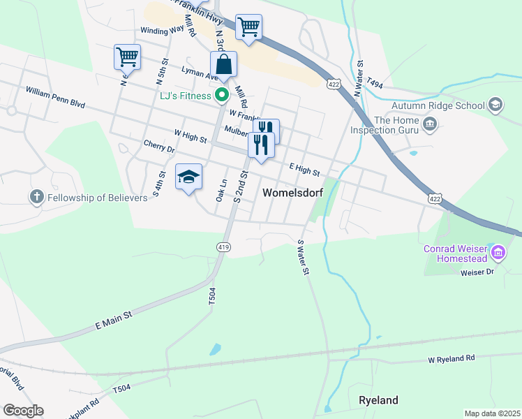 map of restaurants, bars, coffee shops, grocery stores, and more near 120 South Front Street in Womelsdorf