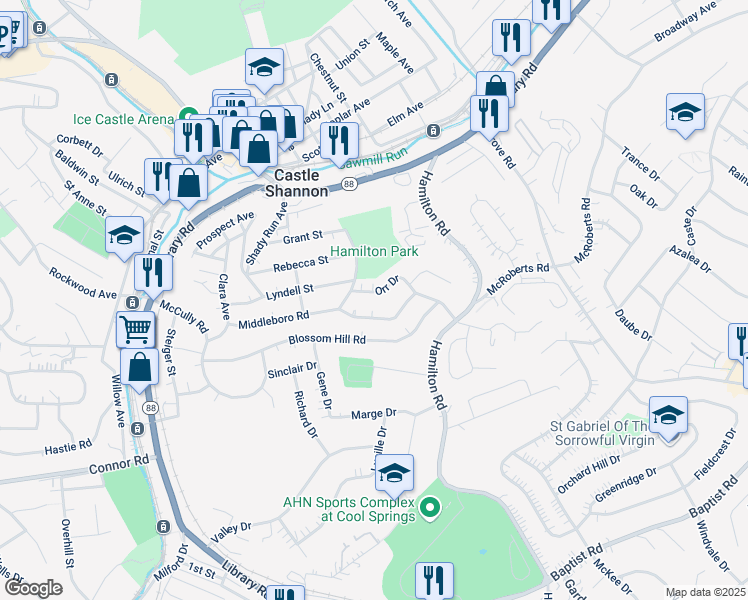 map of restaurants, bars, coffee shops, grocery stores, and more near 3588 Middleboro Road in Pittsburgh