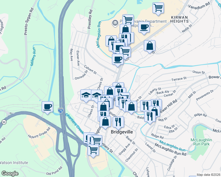 map of restaurants, bars, coffee shops, grocery stores, and more near 362 Washington Avenue in Bridgeville