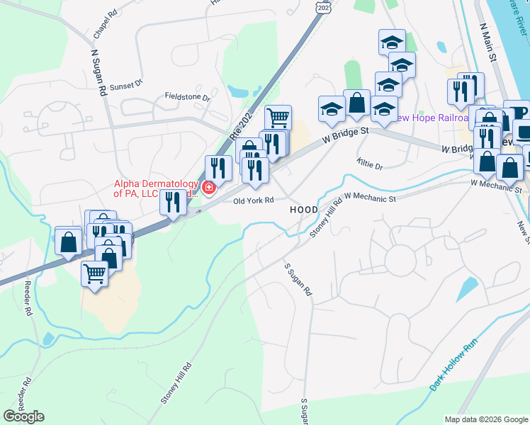 map of restaurants, bars, coffee shops, grocery stores, and more near 152 Old York Road in New Hope