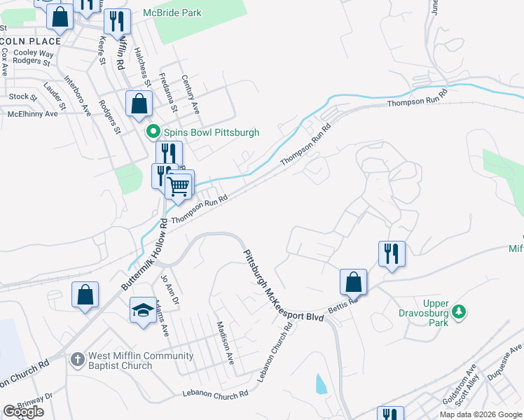map of restaurants, bars, coffee shops, grocery stores, and more near 1020 Pittsburgh McKeesport Boulevard in West Mifflin