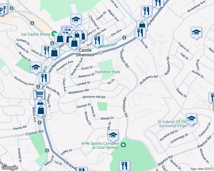 map of restaurants, bars, coffee shops, grocery stores, and more near 3588 Middleboro Road in Pittsburgh