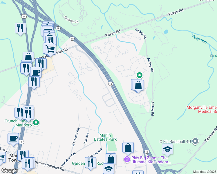 map of restaurants, bars, coffee shops, grocery stores, and more near 17 Enclosure Drive in Marlboro Township