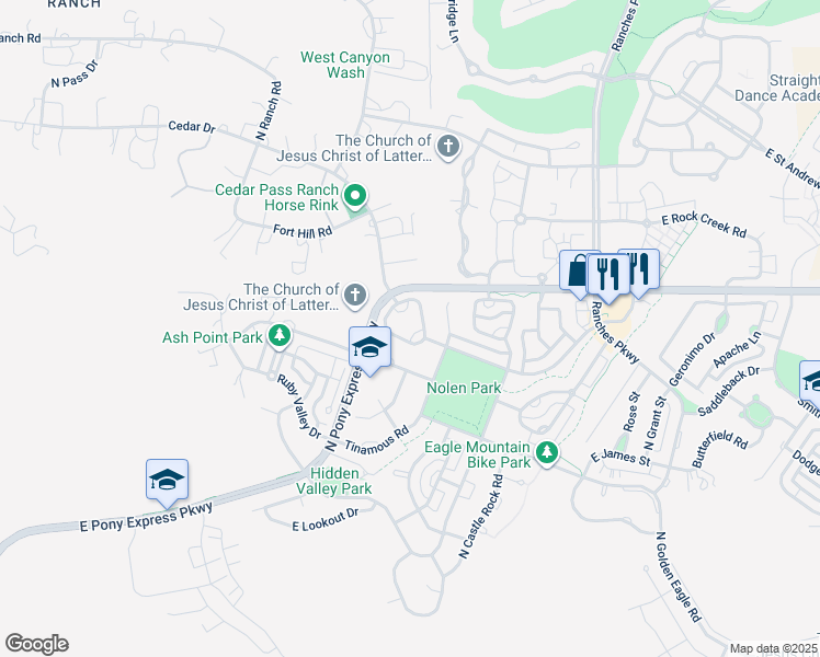 map of restaurants, bars, coffee shops, grocery stores, and more near 3135 Spotted Owl Court in Eagle Mountain