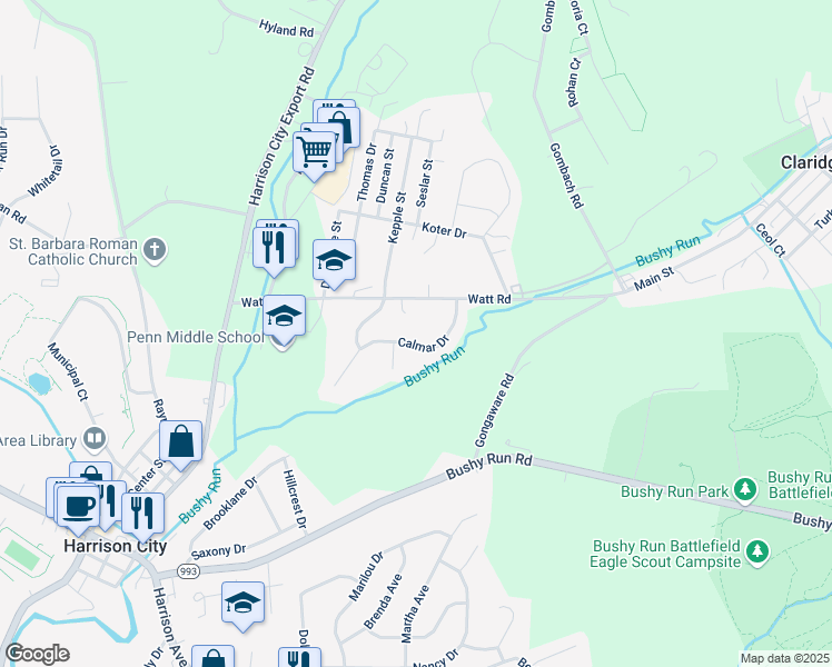 map of restaurants, bars, coffee shops, grocery stores, and more near 1017 Calmar Drive in Jeannette