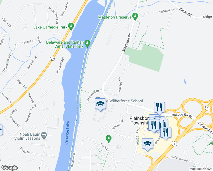 map of restaurants, bars, coffee shops, grocery stores, and more near 1005 Barclay Boulevard in Princeton