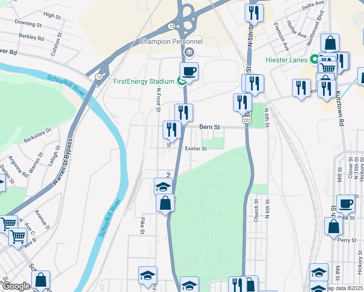 map of restaurants, bars, coffee shops, grocery stores, and more near 1701 Centre Avenue in Reading