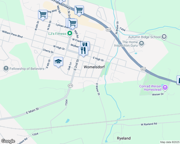 map of restaurants, bars, coffee shops, grocery stores, and more near 107 South Front Street in Womelsdorf