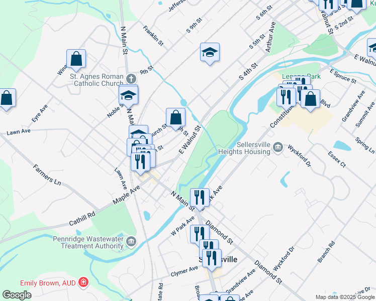 map of restaurants, bars, coffee shops, grocery stores, and more near 124 East Walnut Street in Sellersville