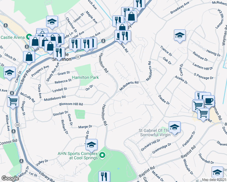 map of restaurants, bars, coffee shops, grocery stores, and more near 1401 Hamilton Road in Pittsburgh