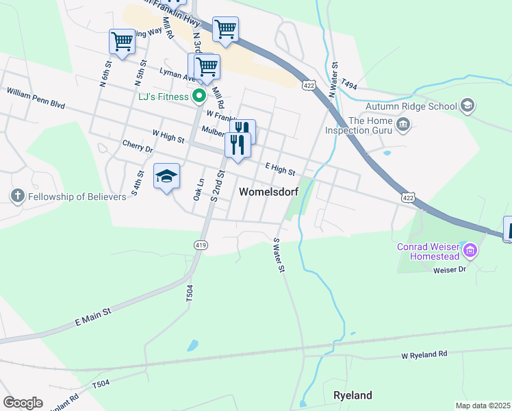 map of restaurants, bars, coffee shops, grocery stores, and more near 107 South Front Street in Womelsdorf