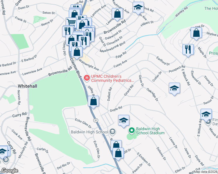 map of restaurants, bars, coffee shops, grocery stores, and more near 1000 Dallett Road in Pittsburgh