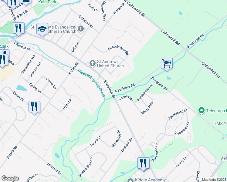 map of restaurants, bars, coffee shops, grocery stores, and more near 16 South Perkasie Road in Perkasie