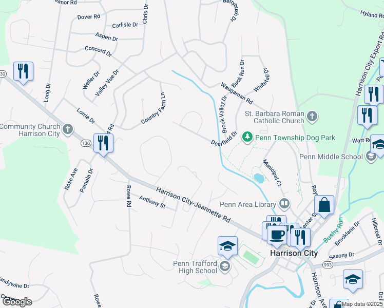 map of restaurants, bars, coffee shops, grocery stores, and more near in Harrison City