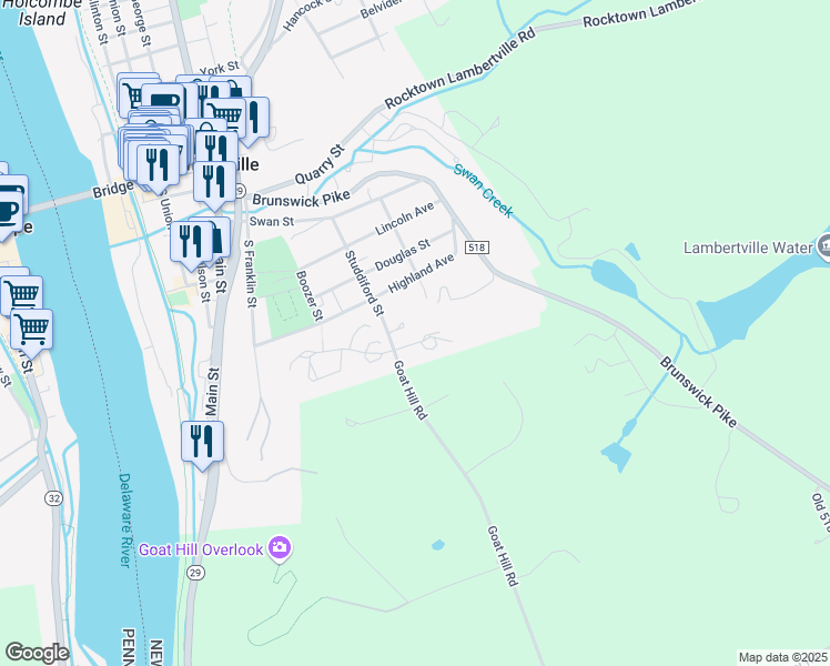 map of restaurants, bars, coffee shops, grocery stores, and more near 6 Northfield Court in Lambertville