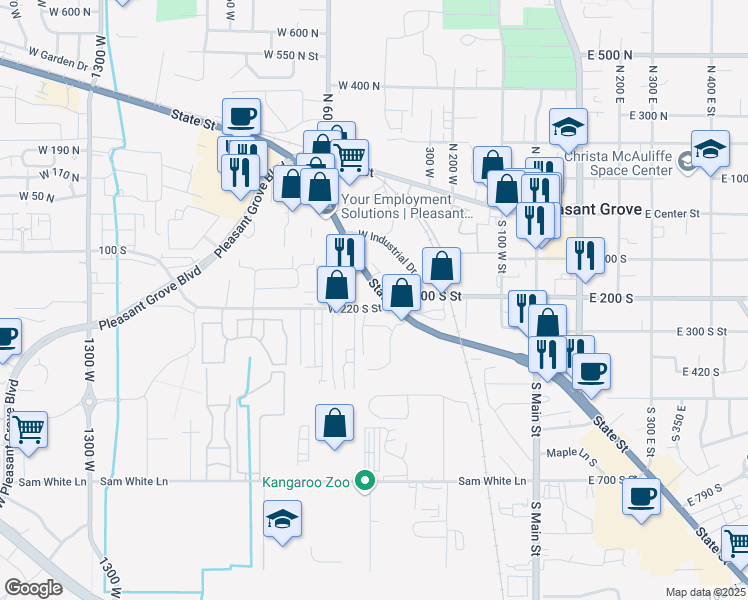 map of restaurants, bars, coffee shops, grocery stores, and more near 201 West State Street in Pleasant Grove