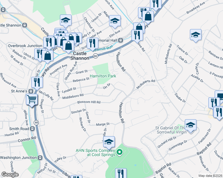 map of restaurants, bars, coffee shops, grocery stores, and more near 3559 Middleboro Road in Pittsburgh