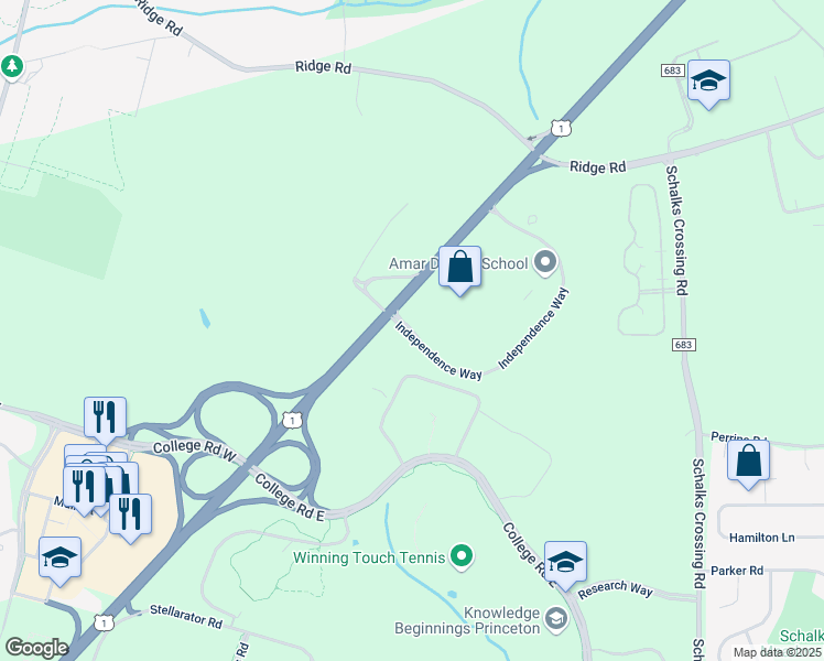 map of restaurants, bars, coffee shops, grocery stores, and more near Independence Way in Princeton