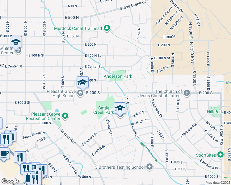map of restaurants, bars, coffee shops, grocery stores, and more near 881 East 200 South in Pleasant Grove