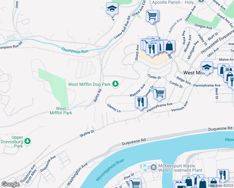 map of restaurants, bars, coffee shops, grocery stores, and more near 2668 Sunset Drive in West Mifflin
