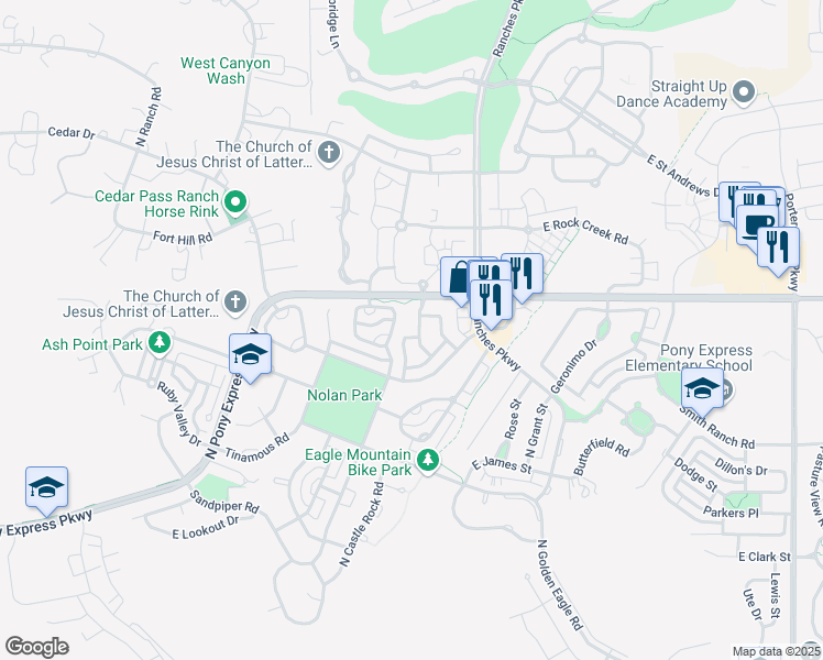 map of restaurants, bars, coffee shops, grocery stores, and more near 3371 Dornock Drive in Eagle Mountain