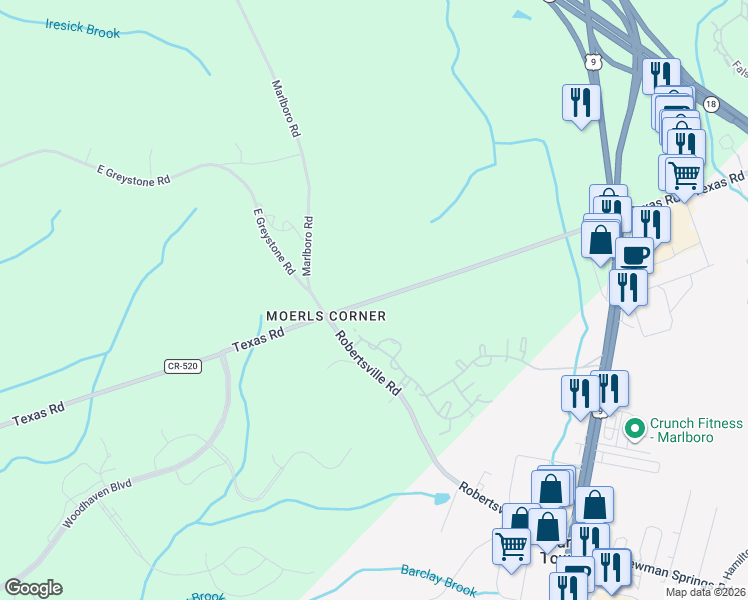 map of restaurants, bars, coffee shops, grocery stores, and more near 17 Baker Court in Old Bridge