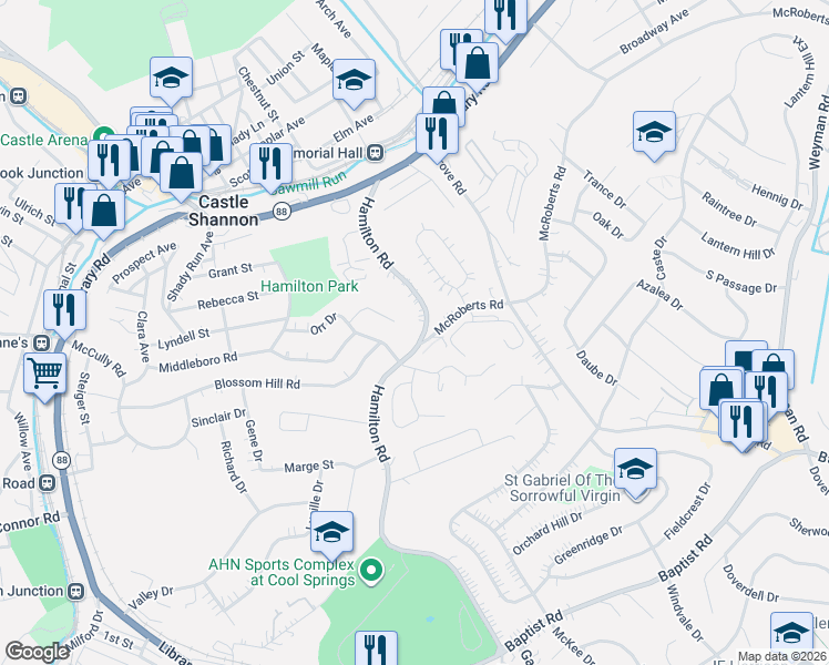 map of restaurants, bars, coffee shops, grocery stores, and more near 1401 Hamilton Road in Pittsburgh