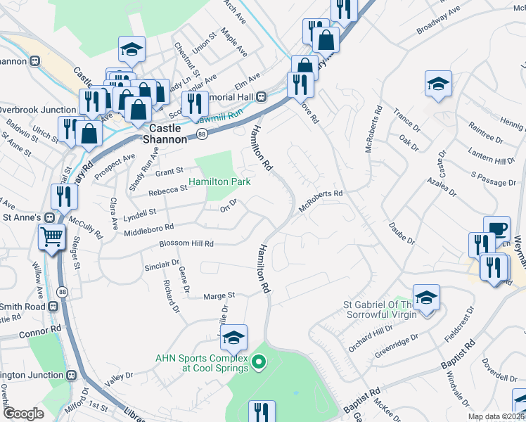 map of restaurants, bars, coffee shops, grocery stores, and more near 3511 Middleboro Road in Pittsburgh