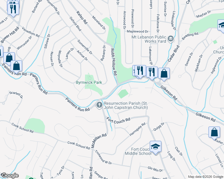 map of restaurants, bars, coffee shops, grocery stores, and more near 1612 Painters Run Road in Pittsburgh