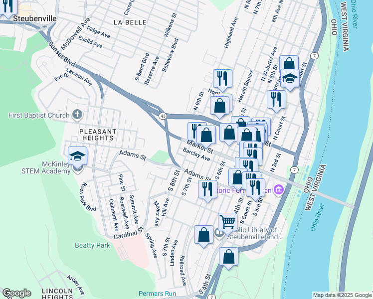 map of restaurants, bars, coffee shops, grocery stores, and more near 128 South 8th Street in Steubenville