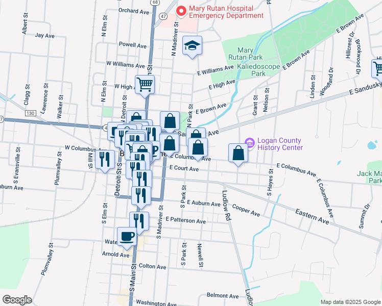 map of restaurants, bars, coffee shops, grocery stores, and more near 338 East Columbus Avenue in Bellefontaine