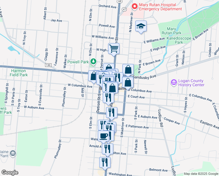 map of restaurants, bars, coffee shops, grocery stores, and more near in Bellefontaine