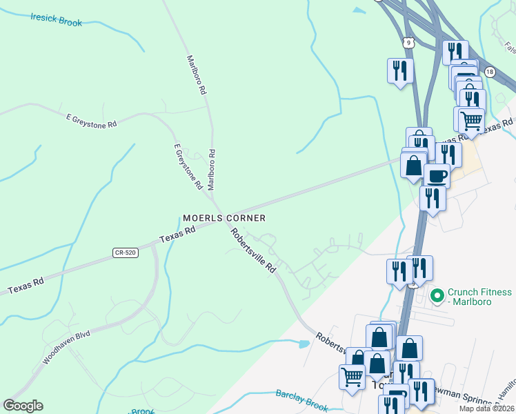map of restaurants, bars, coffee shops, grocery stores, and more near 17 Baker Court in Old Bridge