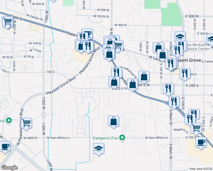 map of restaurants, bars, coffee shops, grocery stores, and more near 672 West 220 South Street in Pleasant Grove