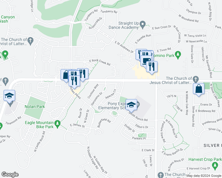 map of restaurants, bars, coffee shops, grocery stores, and more near 7931 Apache Lane in Eagle Mountain