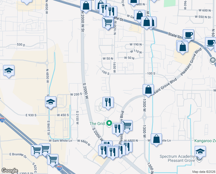 map of restaurants, bars, coffee shops, grocery stores, and more near 226 South 2000 West in Pleasant Grove