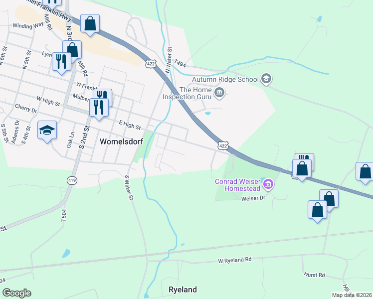map of restaurants, bars, coffee shops, grocery stores, and more near 244 East High Street in Womelsdorf