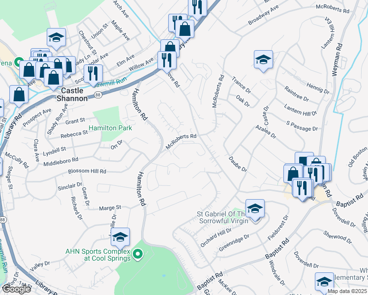 map of restaurants, bars, coffee shops, grocery stores, and more near 3603 McRoberts Road in Pittsburgh