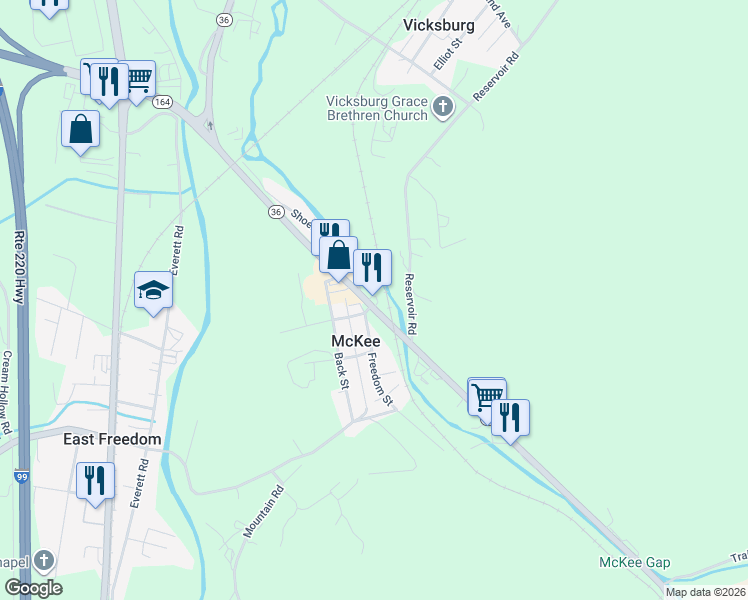 map of restaurants, bars, coffee shops, grocery stores, and more near 226 Shoenfelt Street in East Freedom